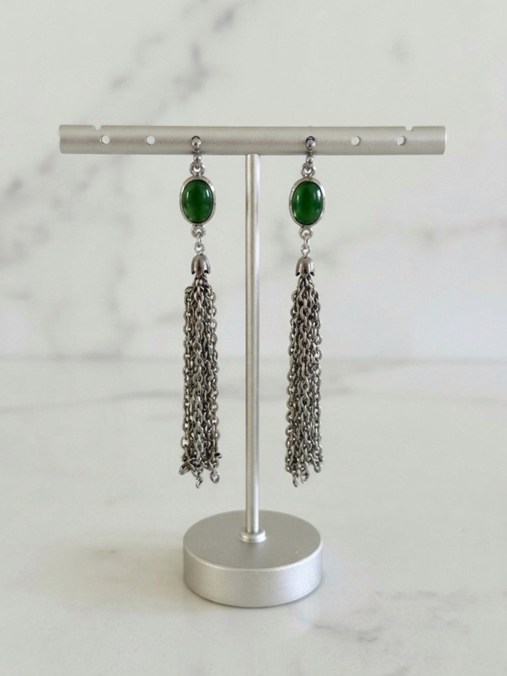 Vintage Green Stone & Chain Tassel Statement Earrings, Long Dangle Silver-Tone